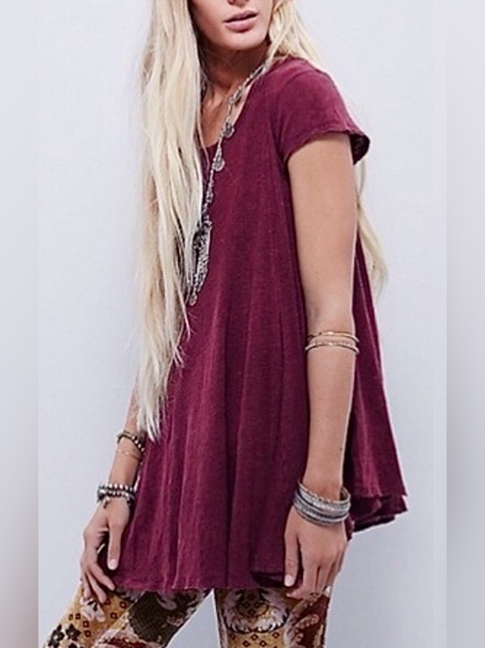 We The Free Sylvia Swing Cotton-Linen Slub Tee Burgundy Size XS